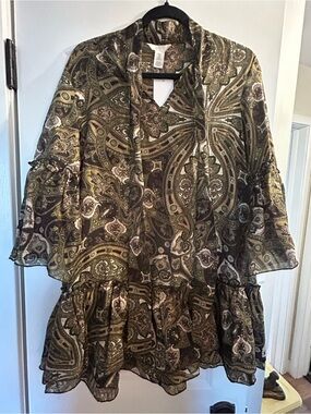 H&M Paisley Bow Collar Olive & Brown Dress - Sz S